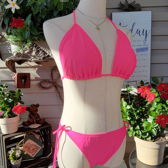 O P ♡ Gorgeous 2pc Bright Pink Padded Bralette String Bikini Swimsuit L | XL - Picture 8 of 11